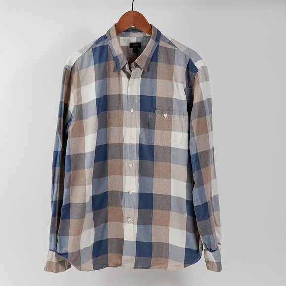 J. Crew Blue, Tan And Cream Large Check Long Sleeve Button Front Shirt, Size XL - Picture 1 of 6